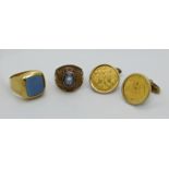1 Paar Manschettenknöpfe je mit 1 Goldmünze, 1 Herrenring mit Stein, je GG 14ct.
