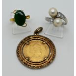 1 Damenring WG 14ct. mit Brillanten bis zu ca. 0,08ct., 2 Perlen D ca. je 7 mm, z.T. besch. (Perle),