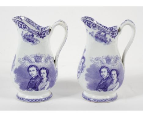 Two Staffordshire pottery blue and white transfer printed Royal Commemorative jugs, printed with a marriage portrait of 'The 