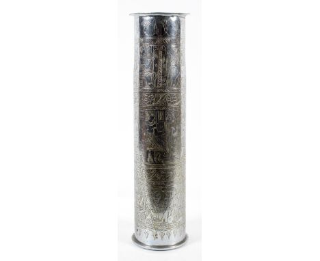 A chromed shell case stick stand, with Egyptian style decoration, 30cm high