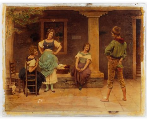 A hand coloured print on glass, of a young  man before three maidens, 22cm x 27cm
