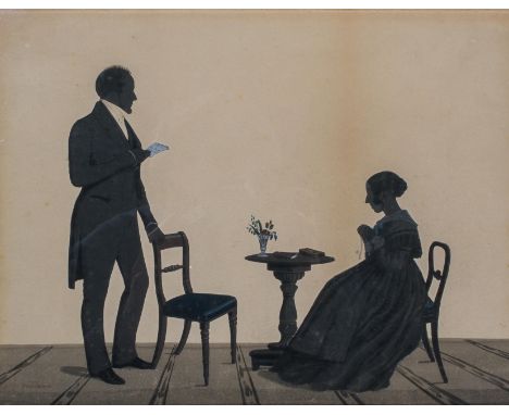 A Victorian double portrait silhouette painting, signed Brauhurt lower left, painted with a man standing reading a letter and