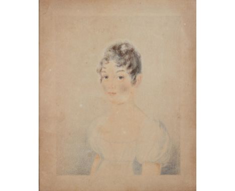 An early 19th century pencil and watercolour portrait of a young lady, in rectangular gilt swept frame, image 15.5cm x 12,5cm