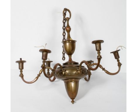 An early 20th century six branch brass hanging ceiling light, with urn form stem and scrolled supports, 55cm high x 60cm wide