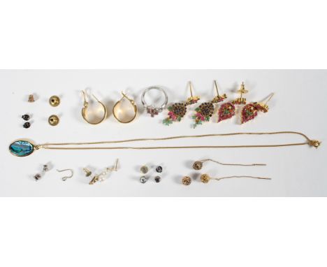 A collection of jewellery to include: Two pairs of yellow metal drop earrings tested as base metal but set with low commercia