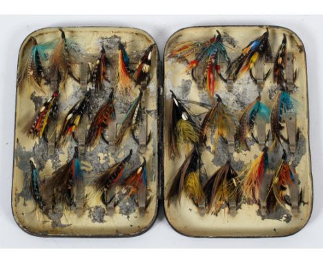 A vintage Japanned metal fly box with flies, the box applied with label marked 'Malloch's Patent No 13567', 12cm long