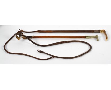 Two vintage hunting whips, comprising : a Swan silver mounted carved horn handled leather whip, stamped and with 'MHTI' initi