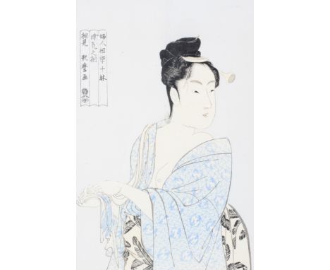 A mid century Japanese print of a semi nude lady in traditional dress, mounted and glazed in a maple frame, label to reverse,