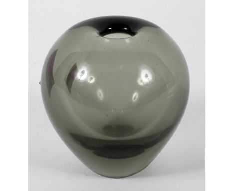 A Holmegaard (Denmark) by per Lutken, smoky glass tear drop shaped vase, etched mark, monogram, dated 1956, 9cm high