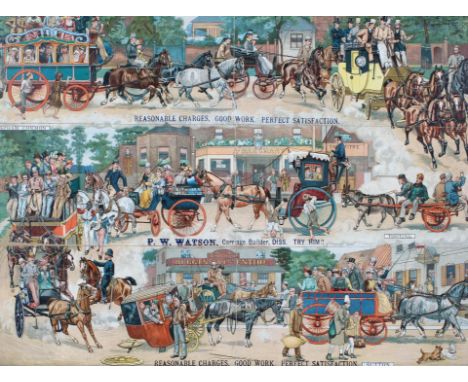A Victorian chromo lithograph advertsing P.W Watson carriage builder in burr maple frame 41cm x 56cm