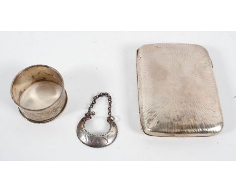 A shaped silver cigarette case, with hammered sunburst decoration, the interior in gilt, Chester 1906, 9cm high, with a cruet