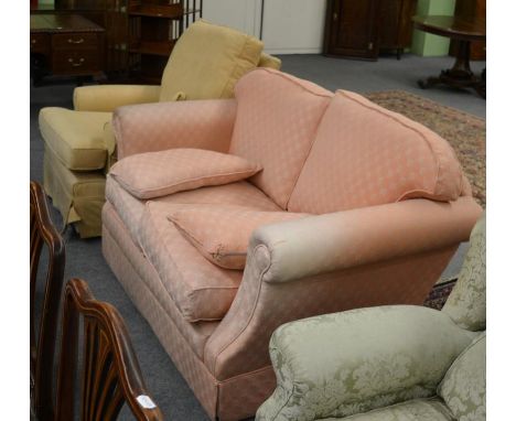 A two seater sofa, upholstered in salmon pink and a single chair upholstered in lemon (2) 