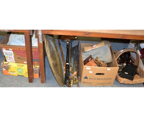 Assorted items including cuckoo clock, two large brass trays, various walking sticks, golf club, textiles and linen, warming 