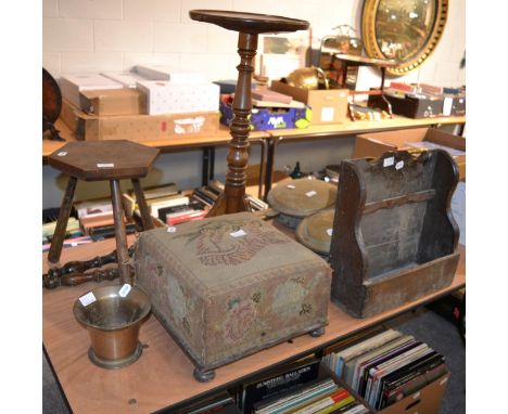 A tripod table, a needlework footstool, two bed pans, a brass coal bucket and mortar, a milking stool and a wall hanging trou