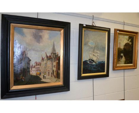 Three oils including a seascape together with a period style gilt mirror (4) 