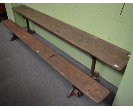 A 19th century school desk for six, with fitted bench seat on a cast iron base stamped 'J B & S Guy Foundry'Both ends complet