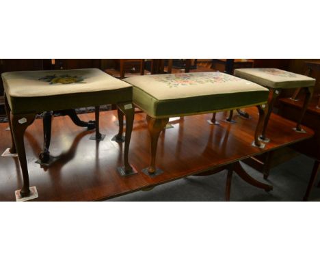 Three stools similarly upholstered with floral tapestry mounts 
