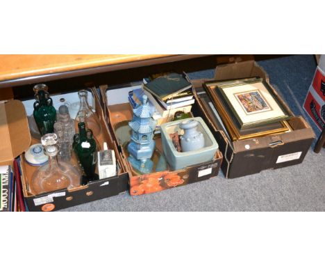 Three boxes of miscellaneous items including a pair of 20th Century ships decanters, a pair of green glass bottle vases, a mi