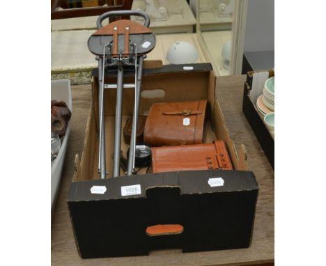 Two pairs of racing binoculars, cased; shooting stick; marching compass,cased; tap reseating tool etc 