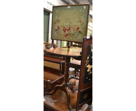 A George III mahogany tilt top tripod table together with a fire screen 