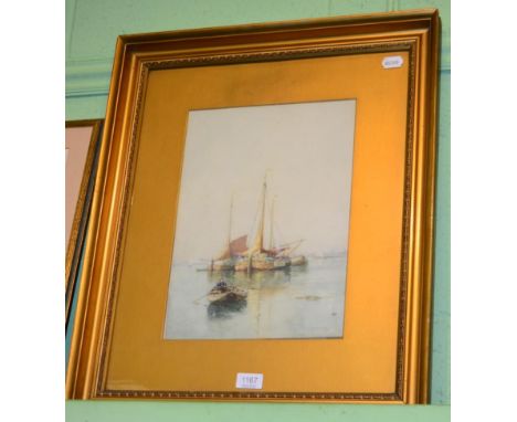 J R Miller, Estuary scene with becalmed boats, watercolour 