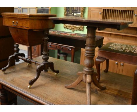 A Victorian walnut games and work table and a 19th century tilt top tripod table (2) 