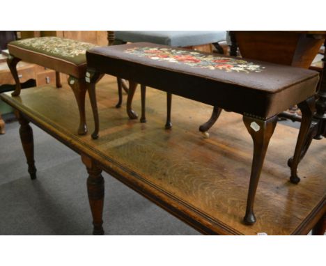 An oak square stool with tapestry mount and two similar long footstools (3) 