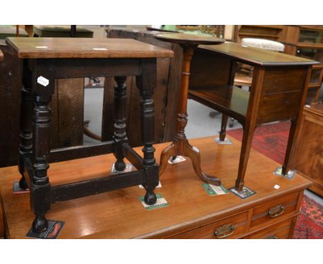 An oak stool, a mahogany tripod table and a mahogany bedside table (3)