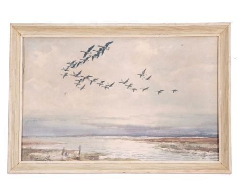 Roland Green (British, 20th century), Mallards in flight over Broads, lithograph, 8 x 12.5ins