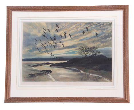 After Sir Peter Scott (British, 20th century), Greylag Geese in flight, published by Arthur Ackermann, signed in pencil 'Pete