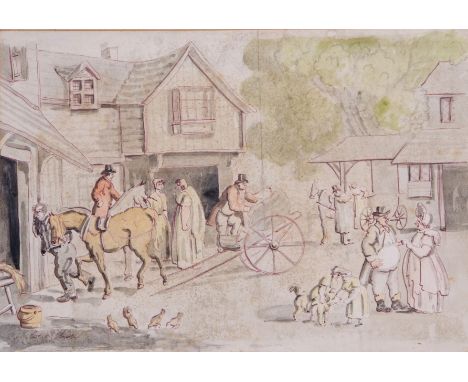 Samuel Howitt (British, 18th century), An unfinished sketch of a busy village looking onto a post house, signed, 10 x 15ins