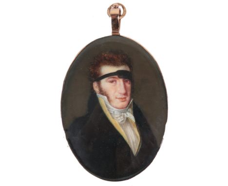 λFrench School 1816 Portrait miniature of a gentleman, wearing a black coat, yellow waistcoat and a support on his forehead S