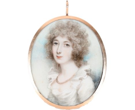 λAndrew Plimer (1763-1837) Portrait miniature of a lady wearing a white dress and coral necklace Oval, in a gilt metal frame 