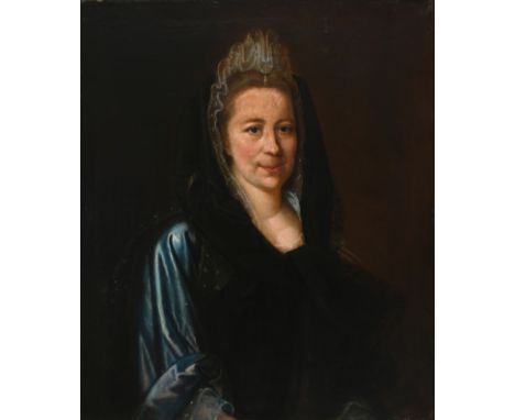 English School 18th Century Portrait of Mrs Edward Drury Butts, half-length, wearing a blue dress, lace headdress and black s