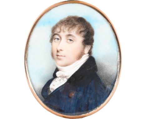 λCircle of Andrew Plimer Portrait miniature of a gentleman, wearing a blue coat and white stock Oval, in a gilt metal frame w