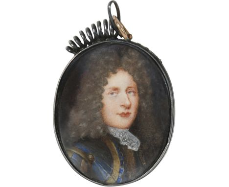 Manner of Samuel Bernard Portrait miniature of a gentleman, wearing blue and yellow armour and with a long wig Oval, on card,