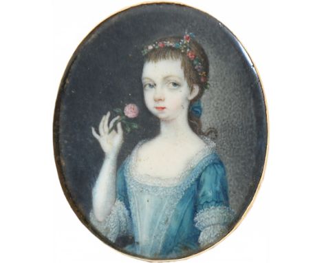 λEnglish School Late 18th Century Portrait miniature of a girl wearing a blue dress and holding a rose Oval, in a gilt metal 