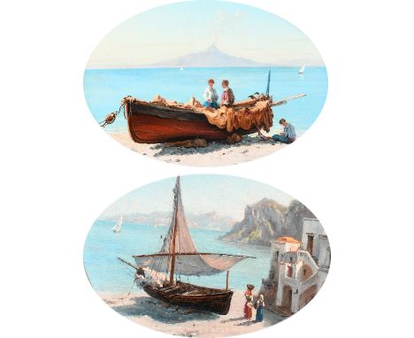 Domenico Ammirato (Italian 1833-1883) Neapolitan coastal landscape with fishermen mending their nets and Vesuvius in the dist