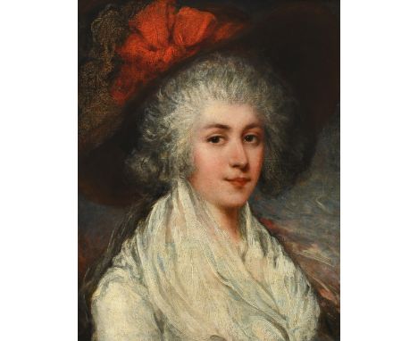 Circle of Thomas Gainsborough Portrait of a lady, bust-length, wearing a white dress and broad-brimmed hat with red ribbon Oi