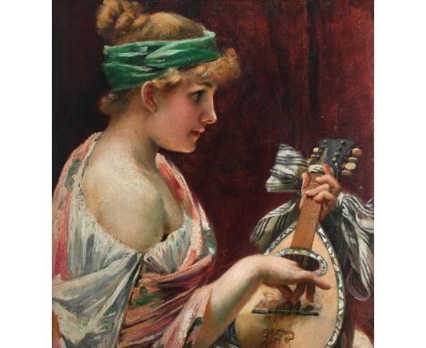 English School 19th Century Portrait of a young girl wearing a green headscarf and playing a mandolin Oil on canvas laid on b
