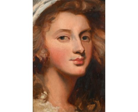 Follower of George Romney Portrait of a lady as Beatrice in 'Much Ado About Nothing' Oil on board 29.4 x 19.4cm; 11½ x 7¾in