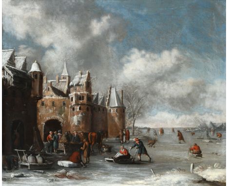 Thomas Heeremans (Dutch 1641-1694) Winter landscape with figures skating and sledging on a frozen river outside a city's wall