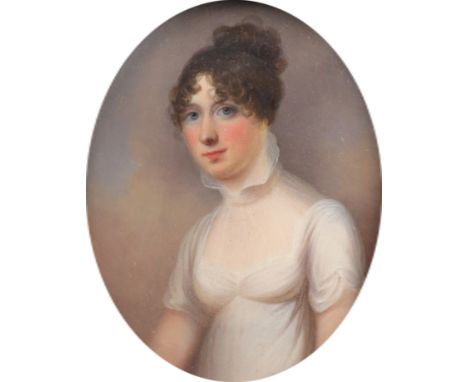 λEnglish School 19th Century Portrait miniature of a lady wearing a white dress Oval, in a rectangular ebonised wooden frame 