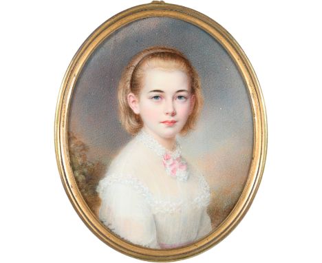 λRichard Schwager (Bohemian 1822-1880) Portrait miniature of a girl wearing a white dress with pink sash Signed and dated R S