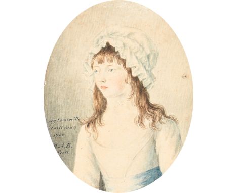 English School Late 18th Century Portrait of a girl, traditionally identified as Mary Somerville, aged nine, wearing a white 