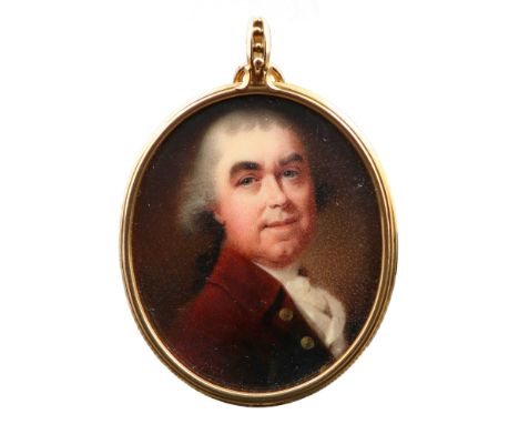 λAbraham Daniel (c.1750-1806) Portrait miniature of a gentleman, wearing a brown coat with gold buttons, his powdered hair en