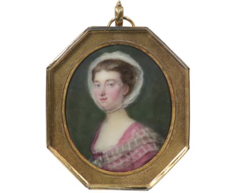 λCircle of Pierre Pasquier Portrait miniature of a lady, wearing a pink dress, pearl necklace and lace headdress Oval, in a g