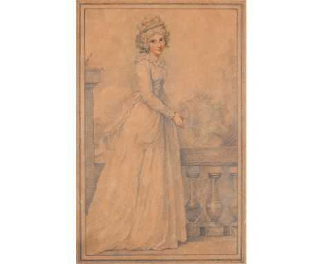 Manner of Richard Cosway Portrait of Mrs Tickle, full length, standing by a balustrade Bears a signature and date R Cosway/17