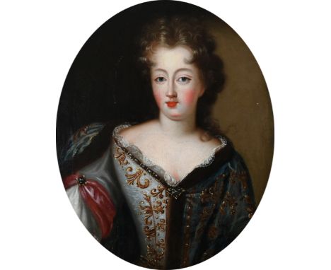 French School 1700 Portrait of  a lady wearing a gilt embroidered dress Oil on canvas laid on board, oval 39.5 x 32.3cm; 15½ 