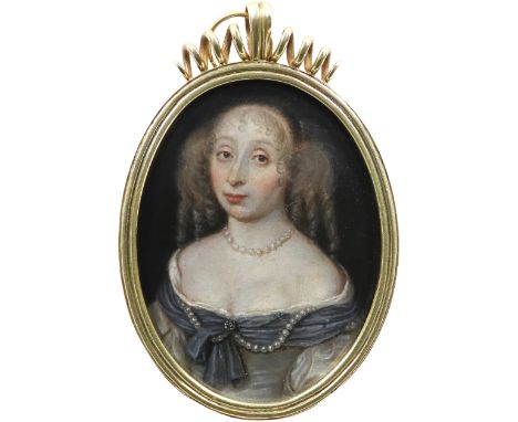 Dutch School 17th Century Portrait miniature of a lady, wearing a grey dress and pearl necklace and ringlets in her hair On c